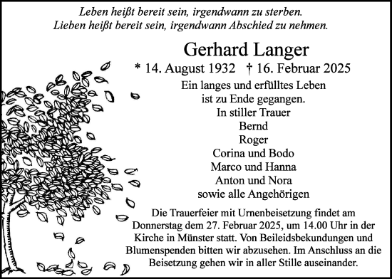 Traueranzeige von Gerhard Langer von Butzbacher Zeitung