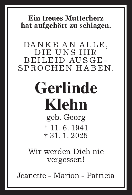 Traueranzeige von Gerlinde Klehn von Wetterauer Zeitung, Wetterauer Zeitung, Wetterauer Zeitung