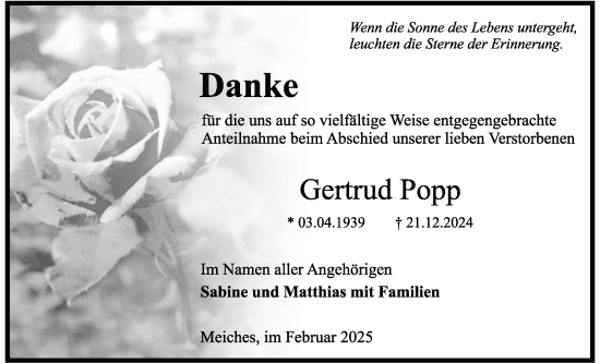 Traueranzeige von Gertrud Popp von Lauterbacher Anzeiger, Lauterbacher Anzeiger, Lauterbacher Anzeiger