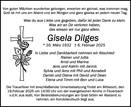 Traueranzeige von Gisela Dilges von Butzbacher Zeitung