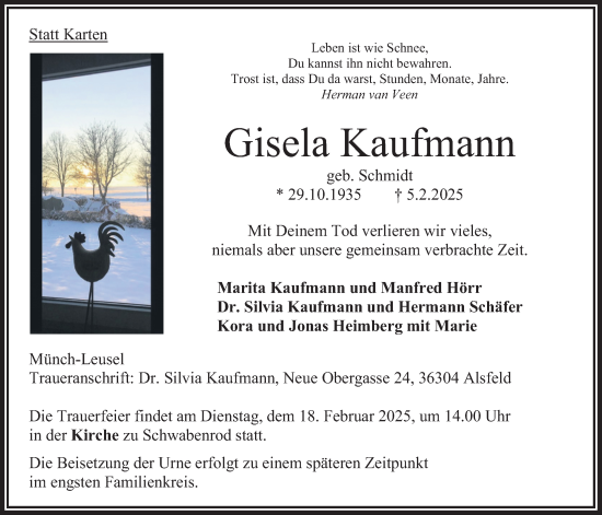 Traueranzeige von Gisela Kaufmann von Oberhessische Zeitung