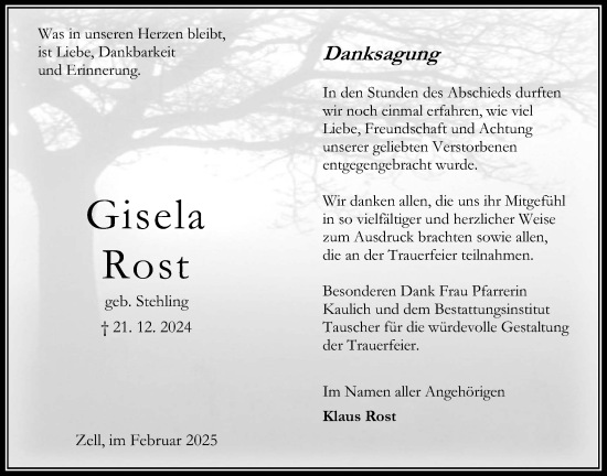 Traueranzeige von Gisela Rost von Oberhessische Zeitung