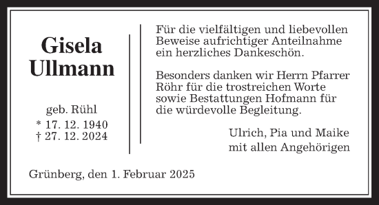Traueranzeige von Gisela Ullmann von Giessener Allgemeine, Alsfelder Allgemeine