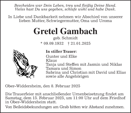 Traueranzeige von Gretel Gambach von Kreis-Anzeiger, Wetterauer Zeitung