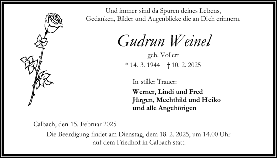 Traueranzeige von Gudrun Weinel von Kreis-Anzeiger
