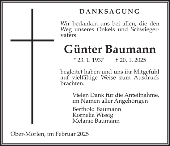 Traueranzeige von Günter Baumann von Butzbacher Zeitung, Wetterauer Zeitung