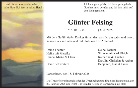 Traueranzeige von Günter Felsing von Giessener Allgemeine, Alsfelder Allgemeine