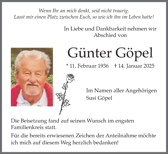 Traueranzeige von Günter Göpel von Butzbacher Zeitung
