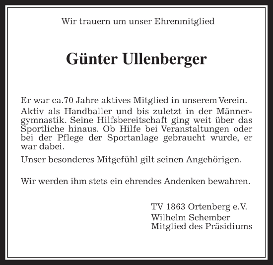 Traueranzeige von Günter Ullenberger von Kreis-Anzeiger