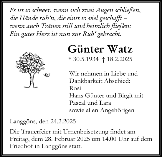 Traueranzeige von Günter Watz von Giessener Anzeiger