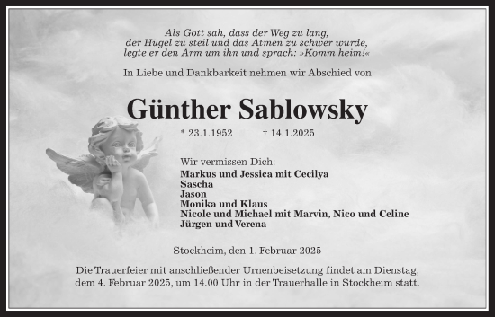 Traueranzeige von Günther Sablowsky von Kreis-Anzeiger