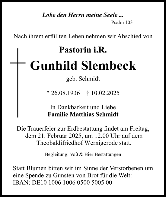 Traueranzeige von Gunhild Slembeck von Giessener Allgemeine, Alsfelder Allgemeine, Giessener Anzeiger