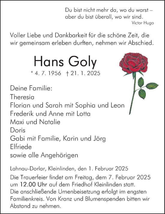 Traueranzeige von Hans Goly von Giessener Allgemeine, Alsfelder Allgemeine