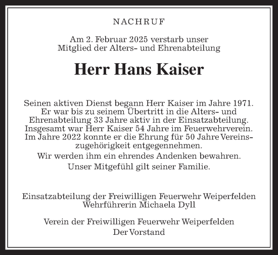 Traueranzeige von Hans Kaiser von Butzbacher Zeitung