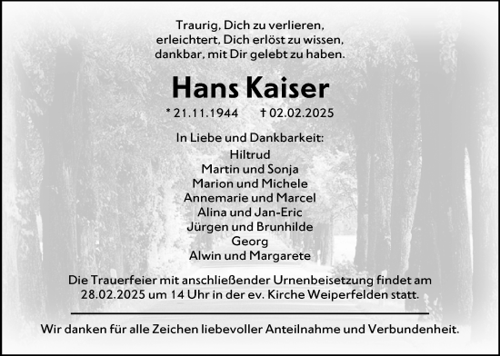 Traueranzeige von Hans Kaiser von Butzbacher Zeitung