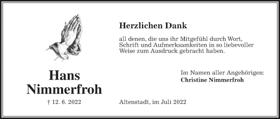Traueranzeige von Hans Nimmerfroh von Kreis-Anzeiger, Kreis-Anzeiger