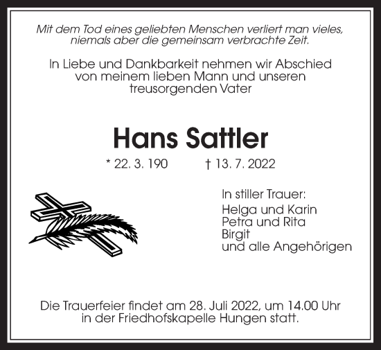Traueranzeige von Hans Sattler von Giessener Allgemeine, Alsfelder Allgemeine, Giessener Anzeiger, Giessener Allgemeine, Alsfelder Allgemeine, Giessener Anzeiger
