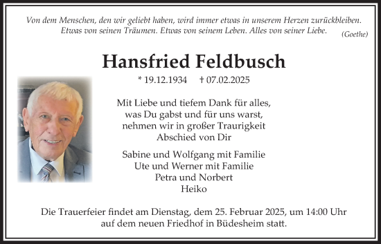 Traueranzeige von Hansfried Feldbusch von Bad Vilbel/Karben
