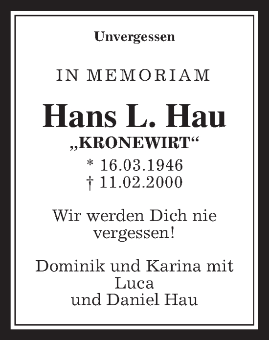 Traueranzeige von Hans L. Hau von Kreis-Anzeiger