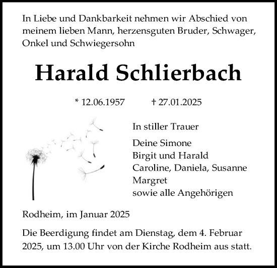 Traueranzeige von Harald Schlierbach von Giessener Allgemeine, Alsfelder Allgemeine