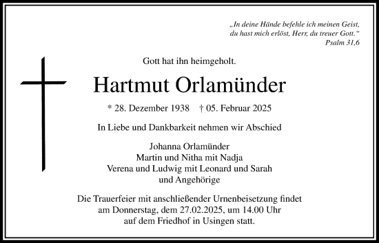 Traueranzeige von Hartmut Orlamünder von Usinger Anzeiger