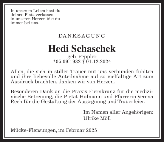 Traueranzeige von Hedi Schaschek von Giessener Allgemeine, Alsfelder Allgemeine