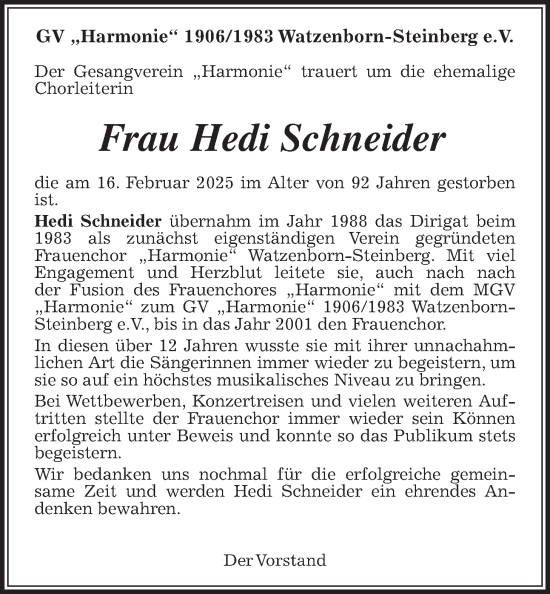 Traueranzeige von Hedi Schneider von Pohlheimer Nachrichten