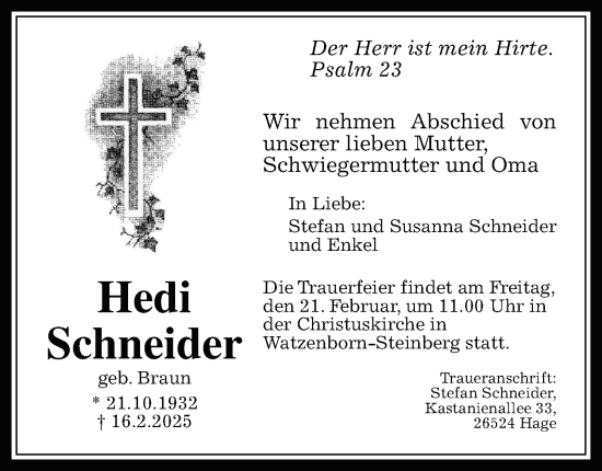 Traueranzeige von Hedi Schneider von Alsfelder Allgemeine, Giessener Allgemeine