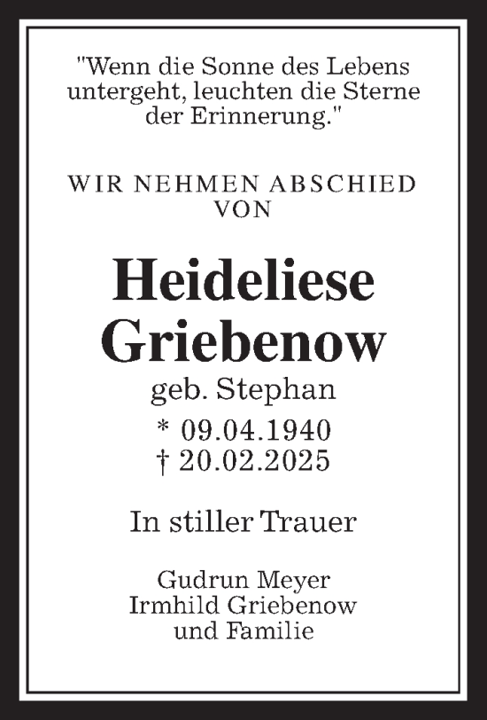 Traueranzeige von Heideliese Griebenow von Usinger Anzeiger