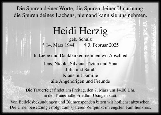 Traueranzeige von Heidi Herzig von Usinger Anzeiger