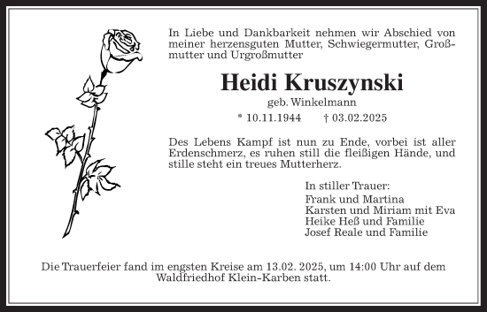 Traueranzeige von Heidi Kruszynski von Wetterauer Zeitung, Wetterauer Zeitung, Wetterauer Zeitung