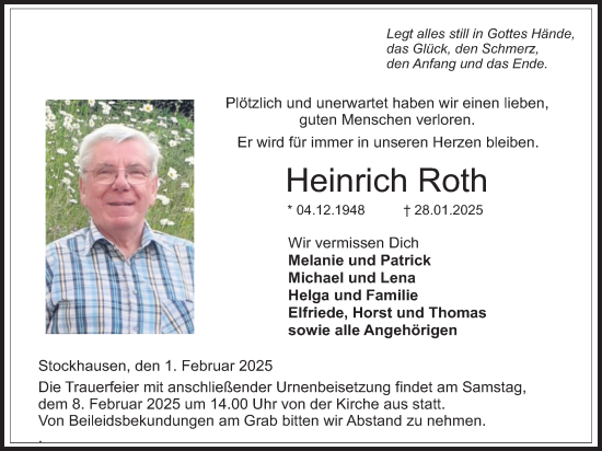 Traueranzeige von Heinrich Roth von Lauterbacher Anzeiger