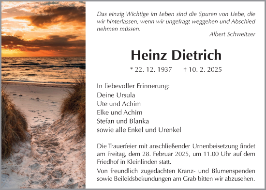 Traueranzeige von Heinz Dietrich von Giessener Allgemeine, Alsfelder Allgemeine, Giessener Anzeiger
