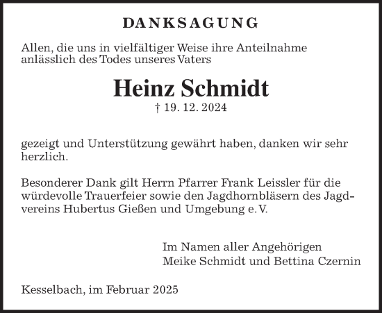 Traueranzeige von Heinz Schmidt von Rabenauer Zeitung