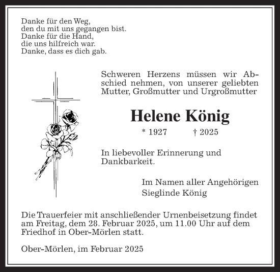 Traueranzeige von Helene König von Wetterauer Zeitung, Wetterauer Zeitung, Wetterauer Zeitung