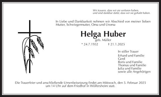 Traueranzeige von Helga Huber von Wetterauer Zeitung