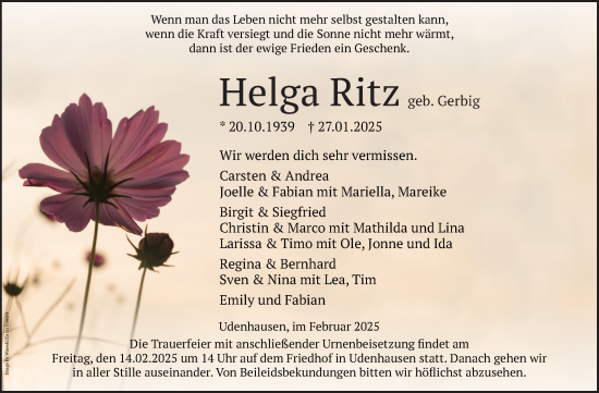Traueranzeige von Helga Ritz von Oberhessische Zeitung
