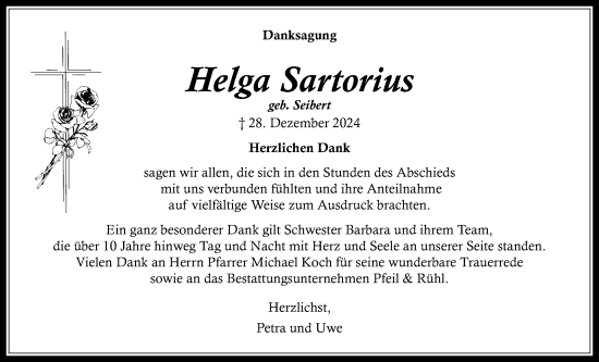 Traueranzeige von Helga Sartorius von Oberhessische Zeitung, Alsfelder Allgemeine
