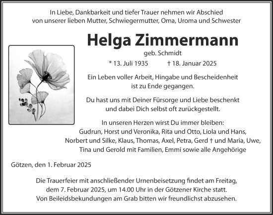 Traueranzeige von Helga Zimmermann von Kreis-Anzeiger