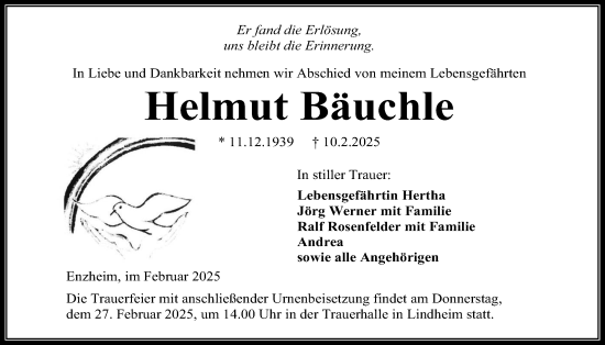 Traueranzeige von Helmut Bäuchle von Kreis-Anzeiger
