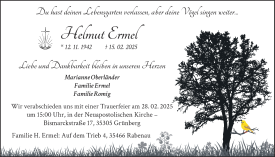 Traueranzeige von Helmut Ermel von Giessener Allgemeine, Alsfelder Allgemeine