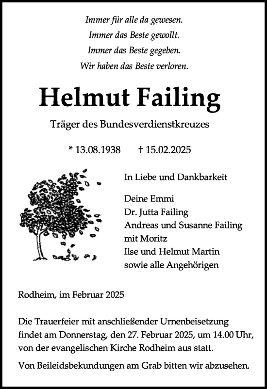 Traueranzeige von Helmut Failing von Giessener Allgemeine, Alsfelder Allgemeine, Giessener Anzeiger, Giessener Allgemeine, Alsfelder Allgemeine, Giessener Anzeiger, Giessener Allgemeine, Alsfelder Allgemeine, Giessener Anzeiger