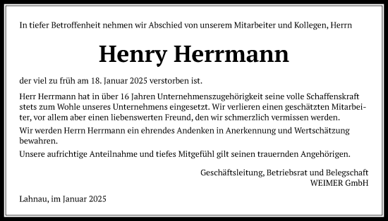 Traueranzeige von Henry Herrmann von Wetterauer Zeitung, Giessener Allgemeine, Alsfelder Allgemeine