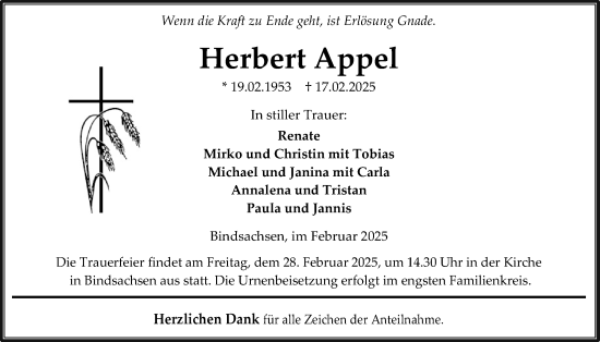 Traueranzeige von Herbert Appel von Kreis-Anzeiger