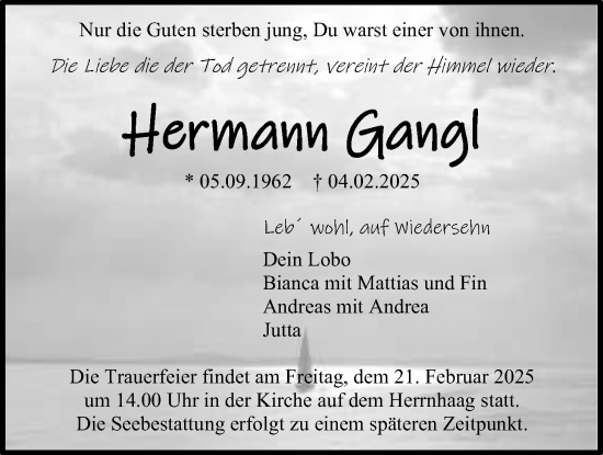 Traueranzeige von Hermann Gangl von Kreis-Anzeiger