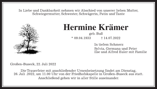 Traueranzeige von Hermine Krämer von Giessener Allgemeine, Alsfelder Allgemeine, Giessener Allgemeine, Alsfelder Allgemeine, Giessener Allgemeine, Alsfelder Allgemeine