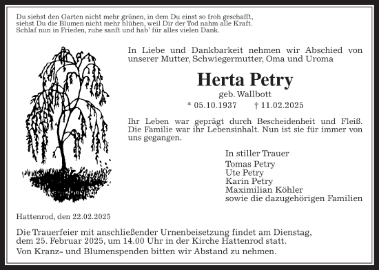 Traueranzeige von Herta Petry von Giessener Allgemeine, Alsfelder Allgemeine, Giessener Anzeiger