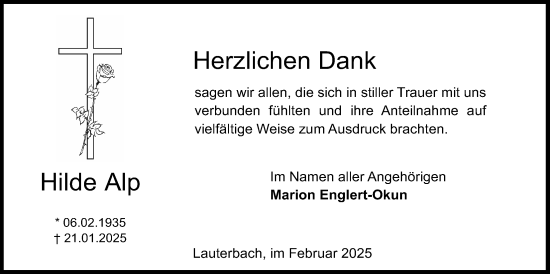 Traueranzeige von Hilde Alp von Lauterbacher Anzeiger