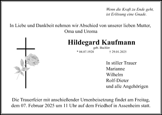 Traueranzeige von Hildegard Kaufmann von Wetterauer Zeitung