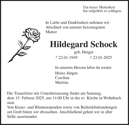 Traueranzeige von Hildegard Schock von Wetterauer Zeitung, Giessener Allgemeine, Alsfelder Allgemeine